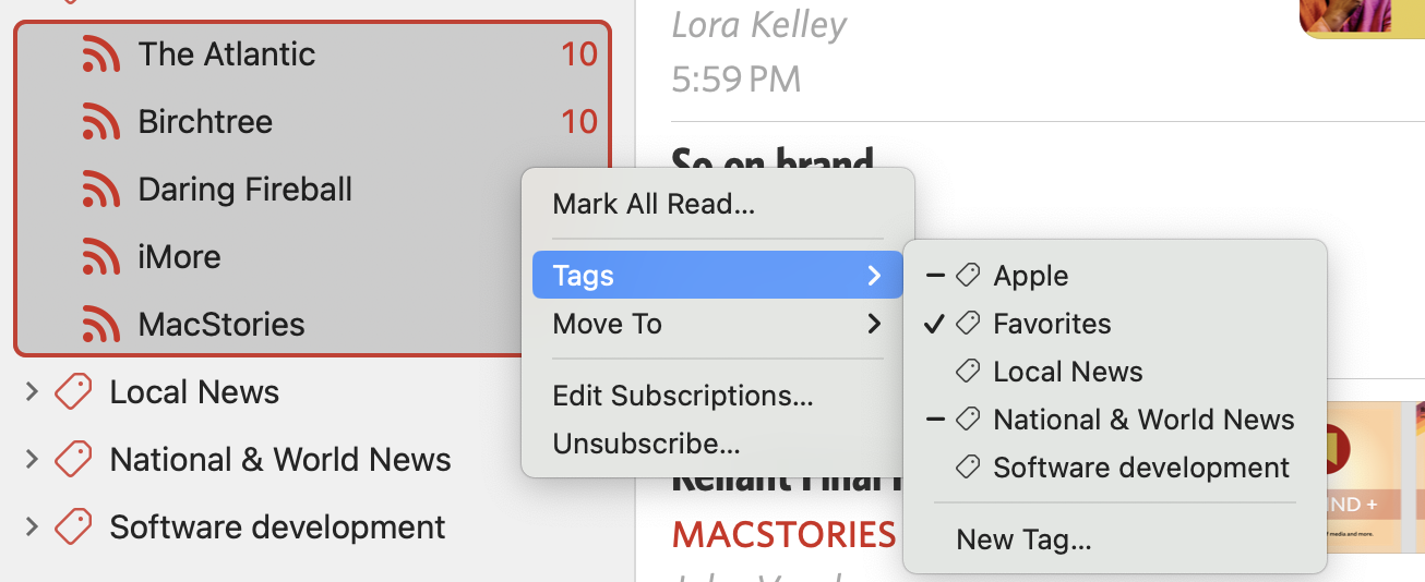 screenshot of context menu that lets you easily assign folders or tags to feed subscriptions