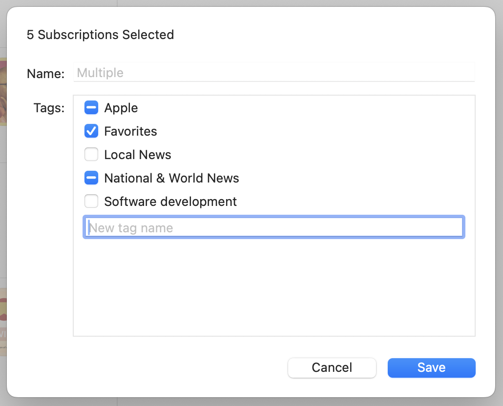 Screenshot of sheet allowing you to change the set of tags associated with a set of feeds