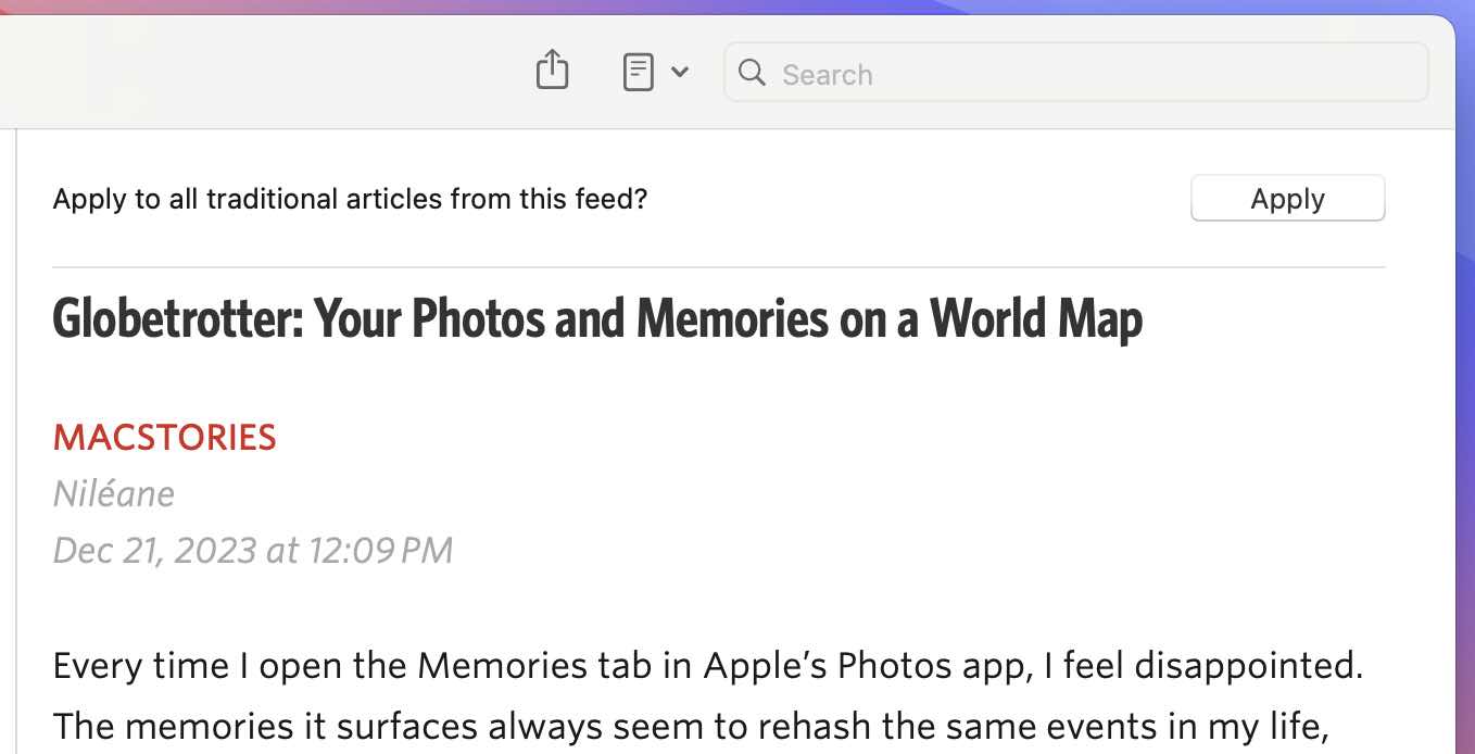 Screenshot of prompt letting user apply display mode to all articles from a feed