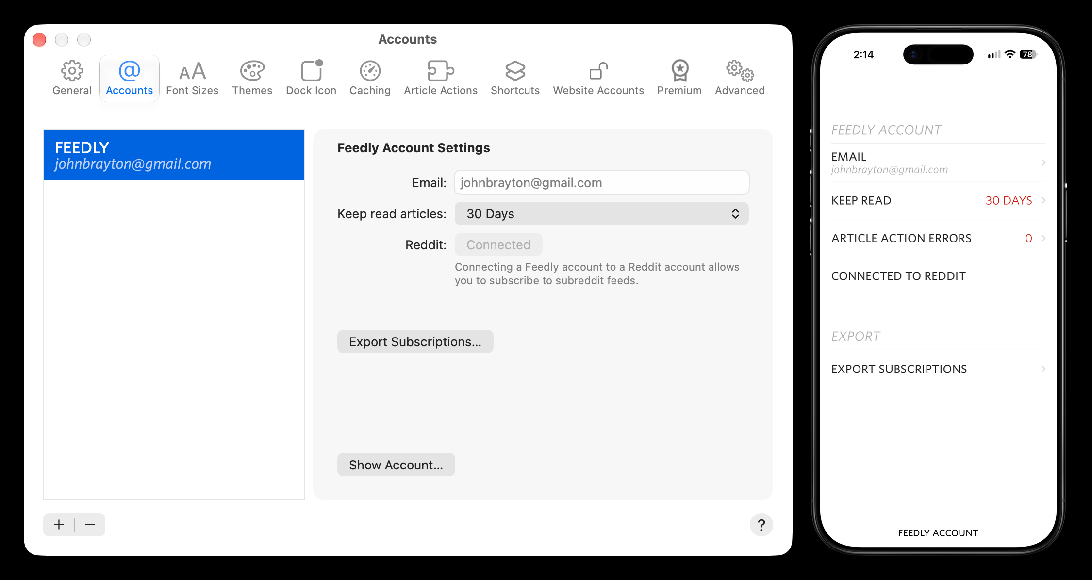 On the left is the Accounts pane of a Settings window on Mac. A Feedly account is selected. The right side of the window shows that the Feedly account is connected to a Reddit account. On the right is the settings screen for a Feedly account on iPhone. Similarly, it shows that the Feedly account is connected to a Reddit account.
