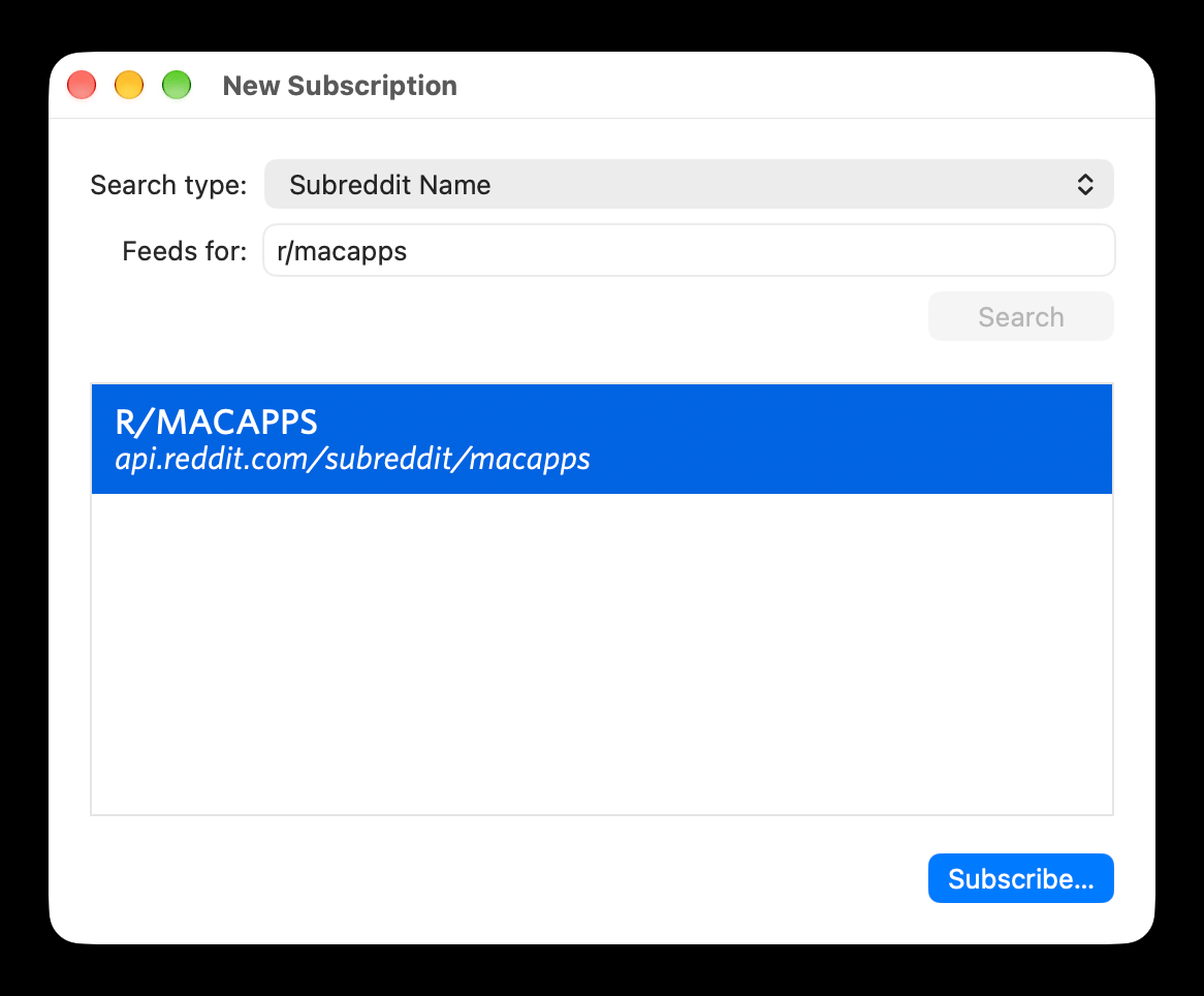 A New Subscription window on Mac showing a search for feeds for the r/macapps subreddit. The resulting feed has a URL with the host &ldquo;api.reddit.com&rdquo;.