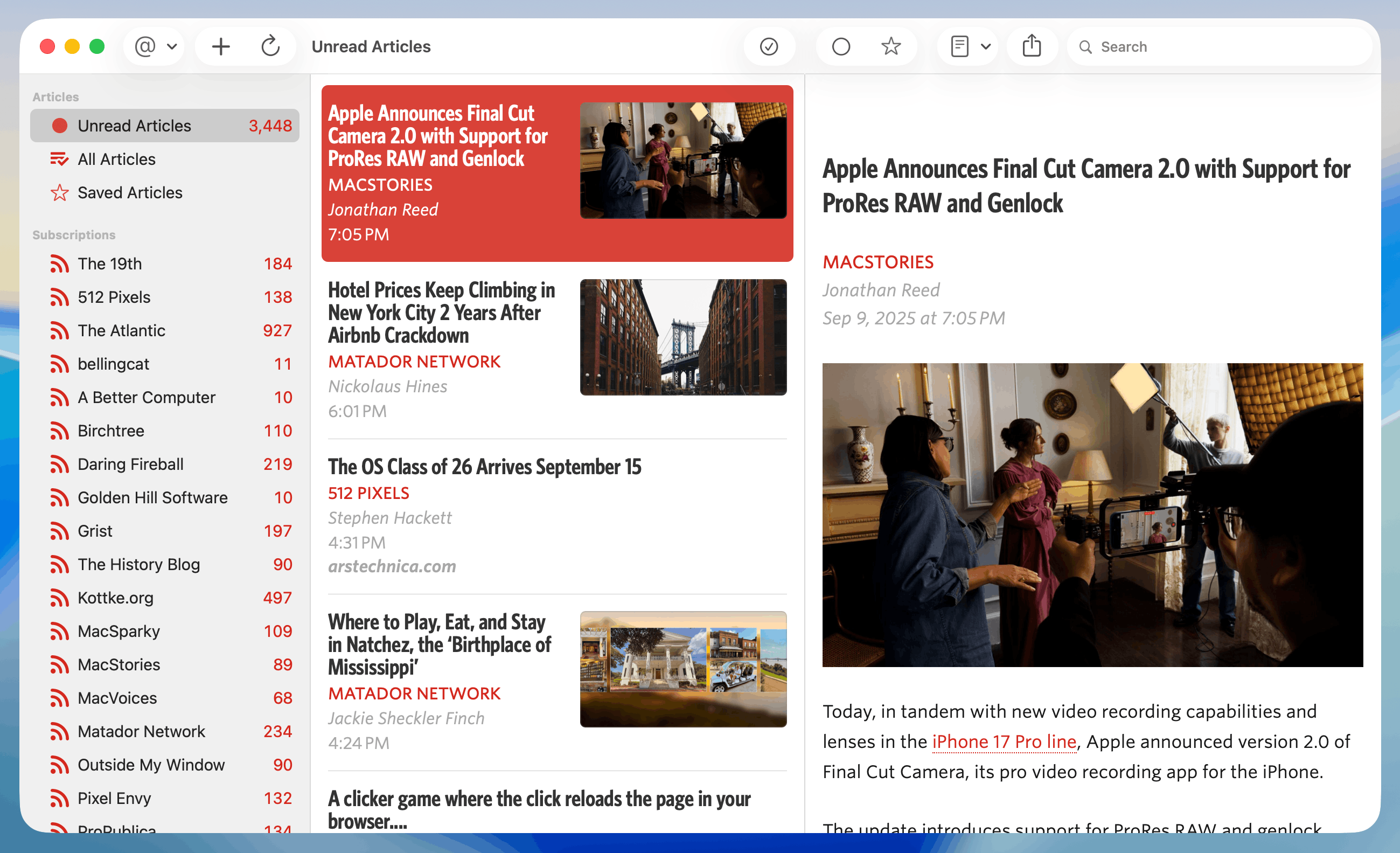 An Unread viewer window on Mac. The toolbar works as it did in the prior version of Unread, but it appears with a liquid glass effect.