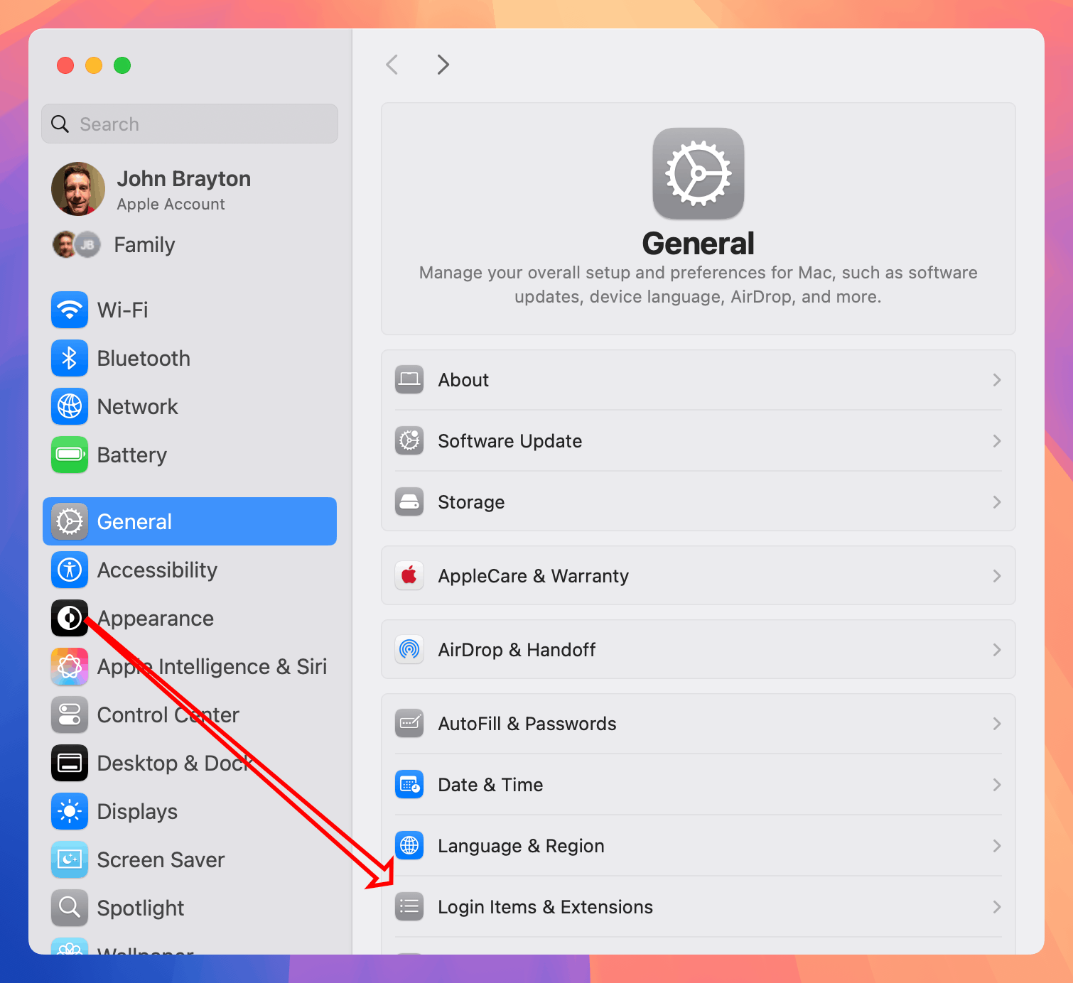 Screenshot pointing to Login Items and Extensions in System Settings window