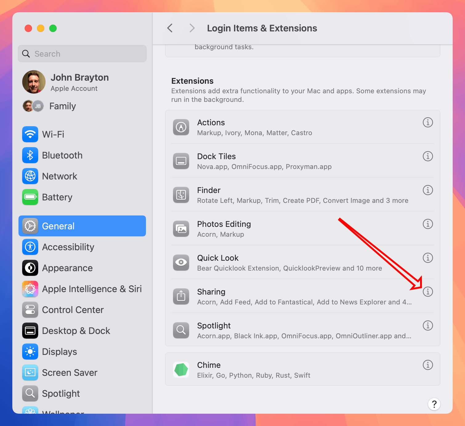 Screenshot pointing to Login Items and Extensions in System Settings window