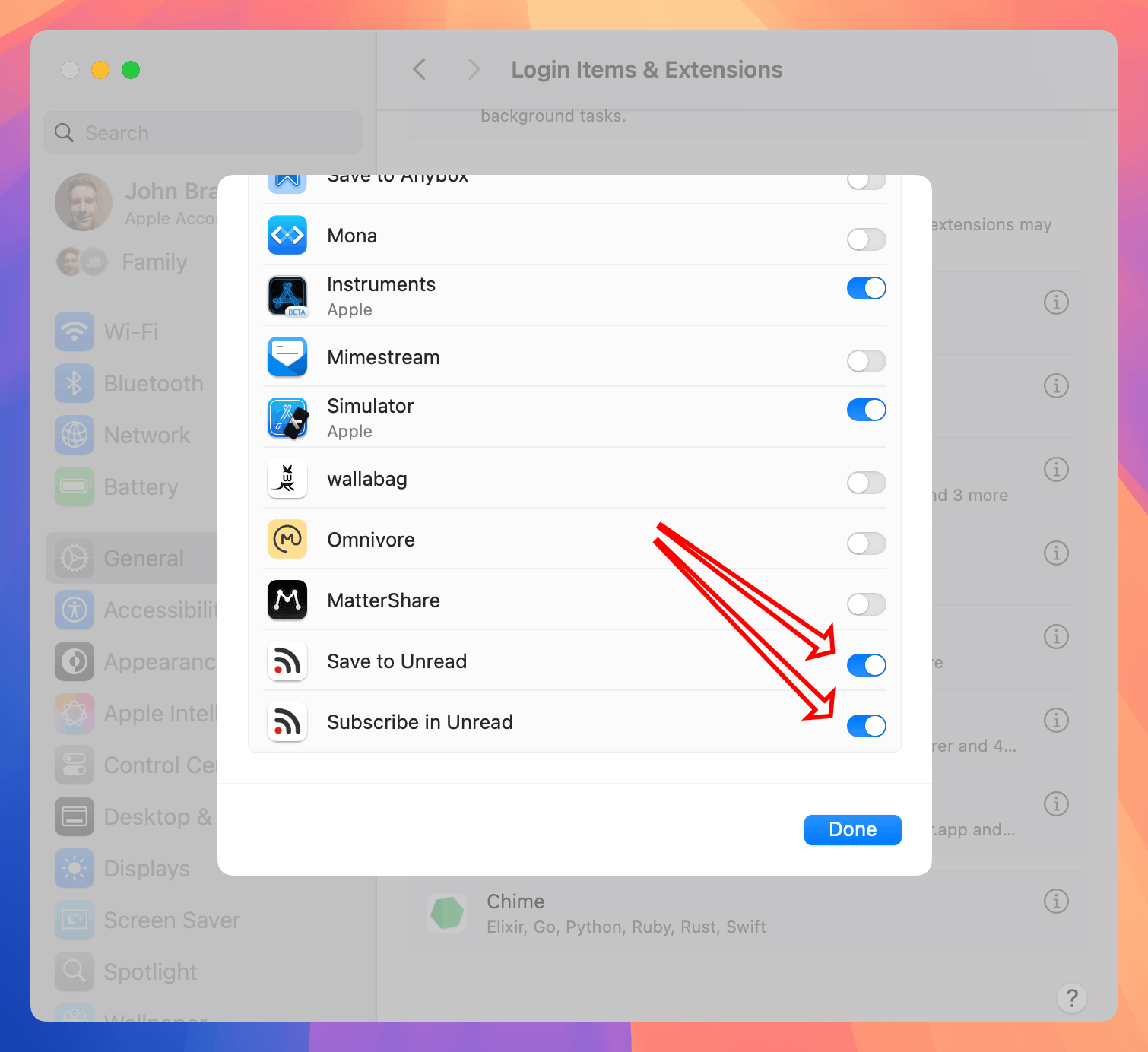 Screenshot pointing to Login Items and Extensions in System Settings window