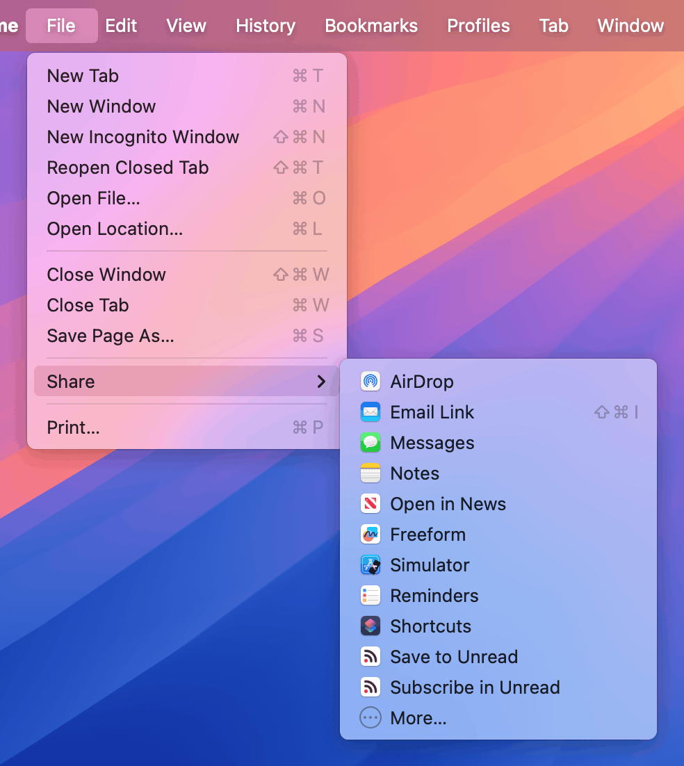 Screenshot showing Unread’s extensions in a sharing menu from Chrome