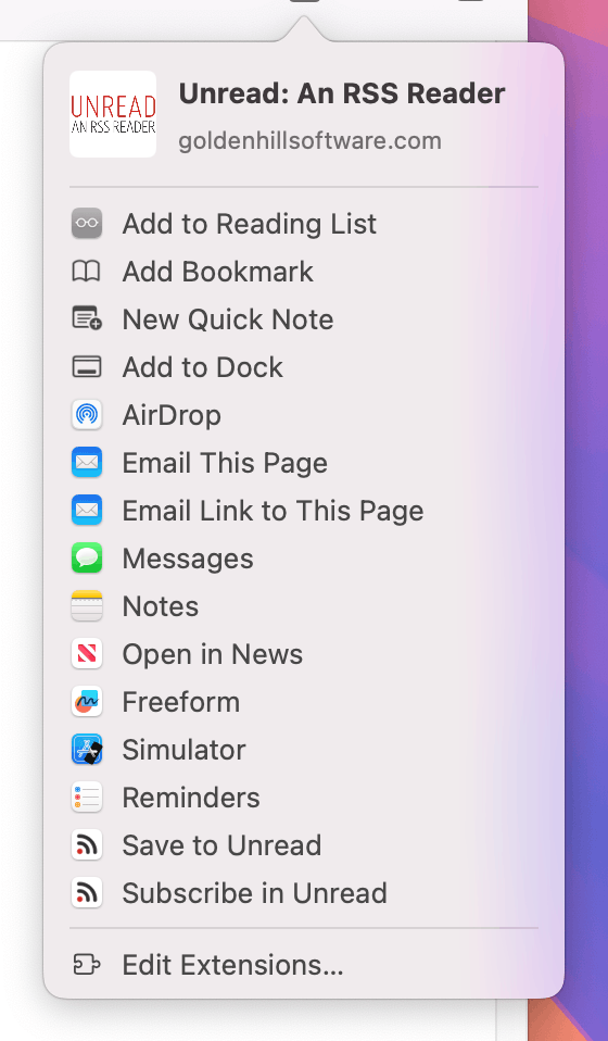 Screenshot showing Unread’s extensions in a sharing popover from Safari