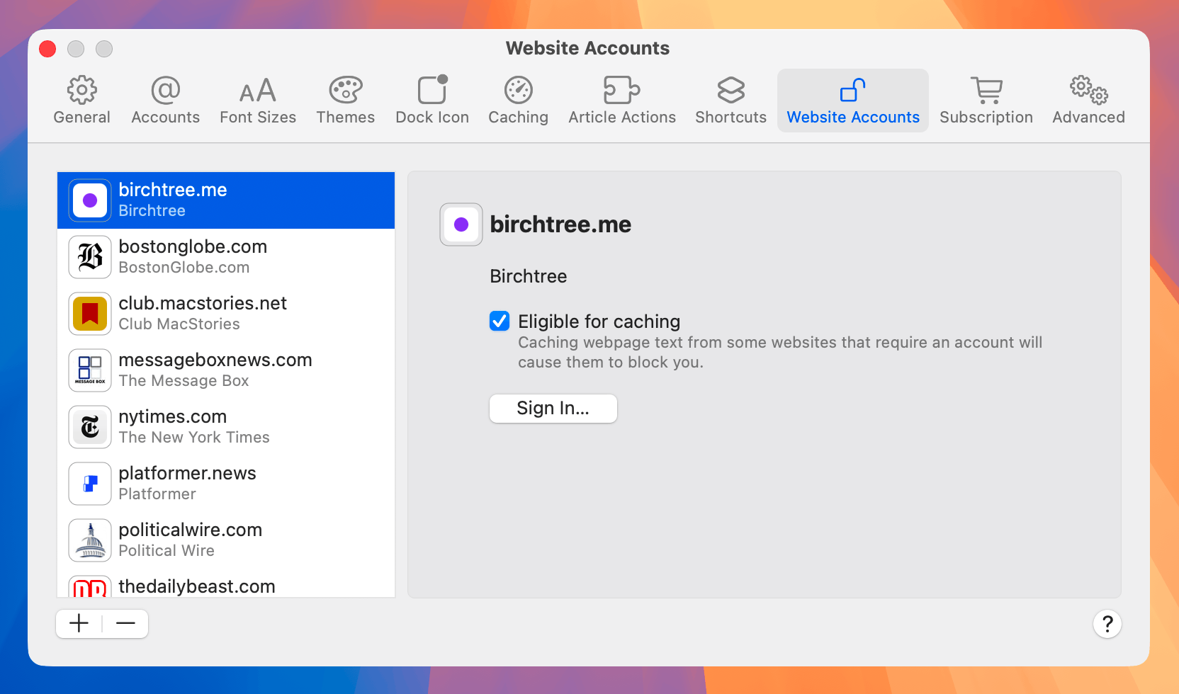 The Website Accounts pane of the Settings window on Mac. The left side of the pane lists a variety of websites, with one selected. The right side shows that website’s name, icon, and hostname. It allows the customer to toggle an “Eligible for caching” checkbox. It also has a Sign In button.